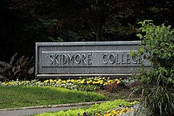 Sign at the entrance of Skidmore College on Broadway in the city of Saratoga Springs, New York