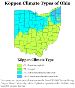 Köppen climate types of Ohio, using 1991–2020 climate normals.