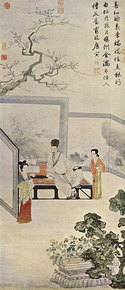 A painting of a gentry scholar with two courtesans, by Tang Yin, c. 1500