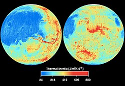 Global thermal inertia based on data from Thermal Emission Spectrometer (TES) on Mars Global Surveyor spacecraft.