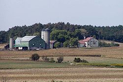 A typical North American grain farm with farmstead in Ontario, Canada
