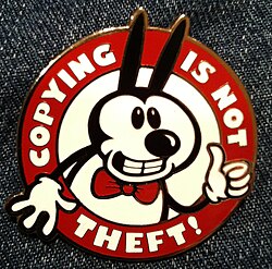 "Copying is not theft!" badge with a character resembling Mickey Mouse in reference to the "in popular culture" rationale behind the Sonny Bono Copyright Term Extension Act of 1998