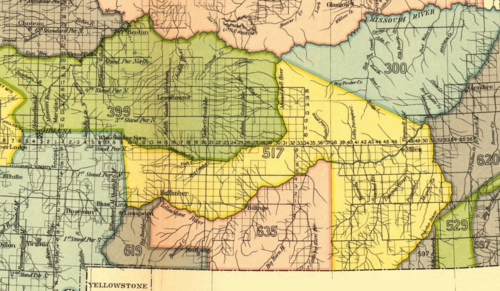Crow Indian Reservation, 1868 (area 619 and 635). Yellow area 517 is 1851 Crow treaty land ceded to the U.S. It was in the red area 635 that the battle occurred.