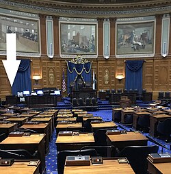 Location of the State House News Service reporter's desk on the floor of the House Chamber