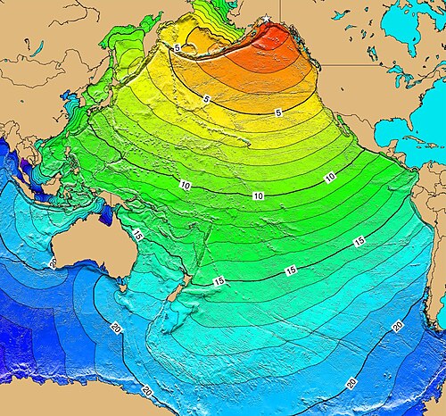 Calculated travel time map for the 1964 Alaska tsunami (in hours)