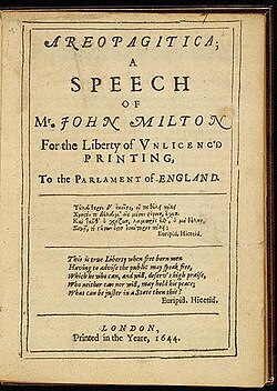 First page of John Milton's 1644 edition of Areopagitica, in which he argued forcefully against the Licensing Order of 1643