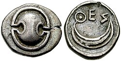 The thyroid was named by Thomas Wharton after the ancient Greek shield of a similar pronunciation. Shown is an example of such a shield, as engraved on a coin dating from 431 to 424 BCE.