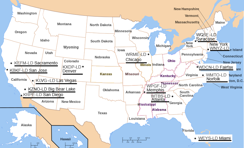 Map of the 14 US Low Power TV (LPTV) stations transmitting on TV channel 6, which are also authorized to transmit an FM signal at 87.7 MHz