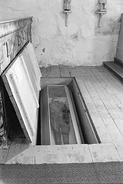 Mummy of Nicolaus Rungius under the floor of St. Michael Church in Keminmaa, Finland