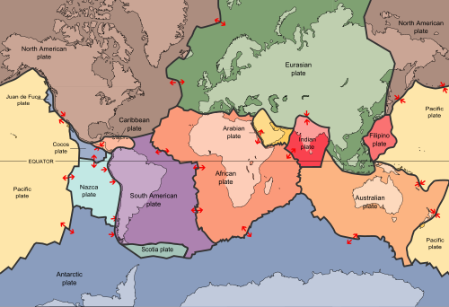 The Indo-Australian plate, shown as its two subdivisions: the Indian plate (red) and the Australian plate (orange)