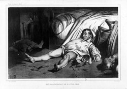 The massacre of the rue Transnonain, Paris, on 14 April 1834, depicted by the caricaturist Honoré Daumier.