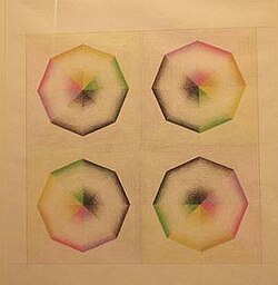 Four octagonal shapes, each divided into 8 slices with gradating hues of red, pink, yellow, orange, purple.