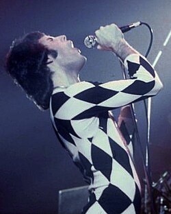 Mercury in a Harlequin outfit. He appears in a half black, half white version in the 1977 music video for "We Are the Champions".