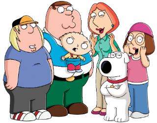 The Griffin family. From left: Chris, Peter, Stewie (in baby carrier), Lois, Brian (dog in front), and Meg.