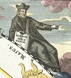 Riccioli as portrayed in the 1742 Atlas Coelestis (plate 3) of Johann Gabriel Doppelmayer.