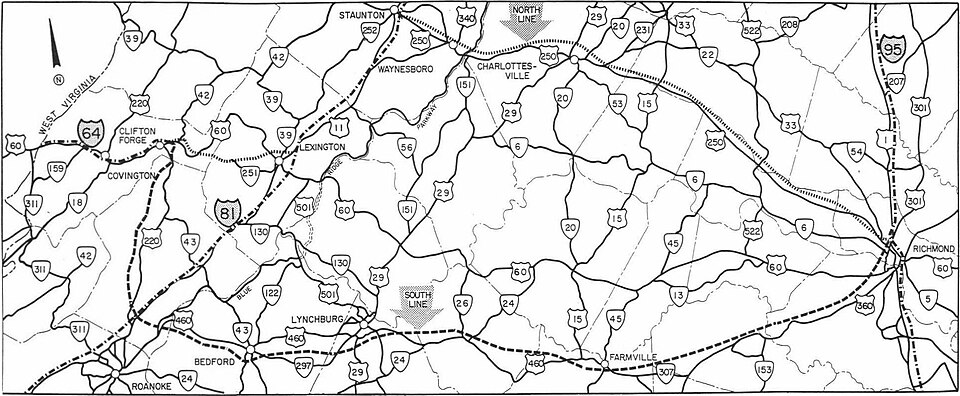 Map from a 1958 study showing the two routes between Clifton Forge and Richmond
