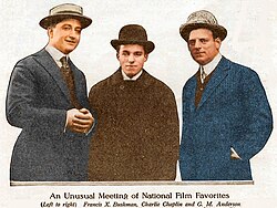 Francis X. Bushman, Charlie Chaplin and Anderson, photo taken at the Essanay Studio, Chicago in 1915