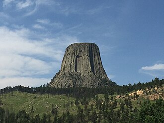 Devils Tower is an eroded laccolith in the Black Hills National Forest, Wyoming.