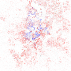Map of racial distribution in Cincinnati, 2010 U.S. Census. Each dot is 25 people: ⬤ White ⬤ Black ⬤ Asian ⬤ Hispanic ⬤ Other