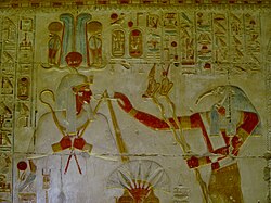 Relief in the Temple of Seti I (Abydos) of Thoth giving the ankh to pharaoh Seti I.