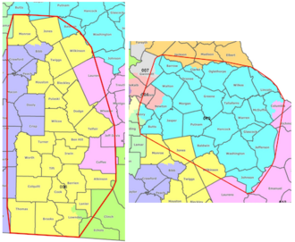 Smallest possible convex polygons drawn around the 8th (left) and 10th congressional districts in Georgia, 2012. To avoid penalizing large areas, the measure is the ratio of the area of the district to the area of the polygon. District 8 will get a lower score than District 10.