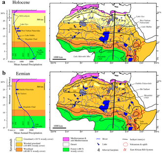 Vegetation and water bodies in northern and central Africa in the Eemian (bottom) and Holocene (top)