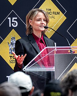 Foster speaking at Grauman's Chinese Theatre in April 2024 during the ceremony in which she immortalized her hands and footprints