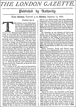 The London Gazette, facsimile front page from 3–10 September 1666, reporting on the Great Fire of London
