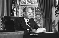President Ford announcing his decision to pardon Nixon, September 8, 1974, in the Oval Office