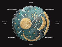 The Nebra sky disc (c. 1800–1600 BCE), found near a possibly astronomical complex, most likely depicting the Sun or full Moon, the Moon as a crescent, the Pleiades and the summer and winter solstices as strips of gold on the side of the disc,[262][263] with the top representing the horizon[264] and north.