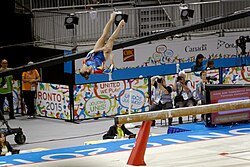 A billboard featuring CIBC's logo at a gymnastics event at the 2015 Pan American Games.