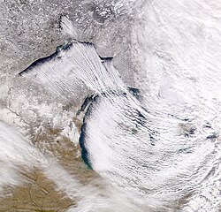 Cold northwesterly wind over Lake Superior and Lake Michigan creating lake-effect snowfall
