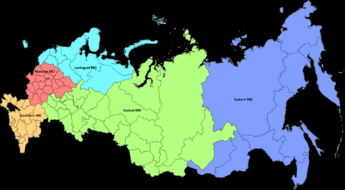 Military districts of Russia as of 2024. Moscow Military District (HQ in Moscow) Leningrad Military District (HQ in St. Petersburg) Southern Military District (HQ in Rostov-on-Don) Central Military District (HQ in Yekaterinburg) Eastern Military District (HQ in Khabarovsk)