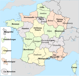 A map outlining the academies overseeing education in France