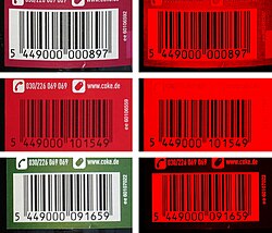GTIN barcodes on Coca-Cola bottles. The images at right show how the laser of barcode readers "see" the images behind a red filter.