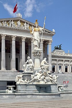 The nineteenth-century statue of Athena in front of the Austrian Parliament Building illustrates "myth fill[ing] in where history failed" to provide an appropriate local personification of the political rise of the Parliament over the power of Emperor Franz Joseph (r. 1848–1916).[1]