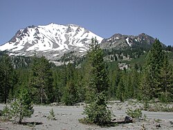 Lassen Peak in the California Cascades. Southernmost volcano in the Cascade Range and part of Lassen Volcanic National Park.