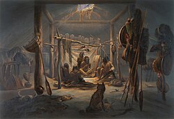 "The interior of the hut of a Mandan Chief": aquatint by Karl Bodmer from the book "Maximilian, Prince of Wied's Travels in the Interior of North America, during the years 1832–1834"