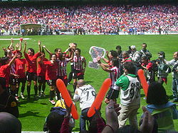 Athletic players celebrating the team's fourth championship on 6 May 2007 at San Mamés.