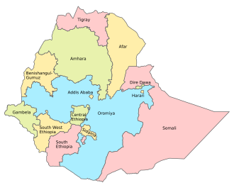 A map of the Federal Democratic Republic of Ethiopia, showing its regions
