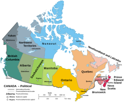 A map of Canada showing its ten provinces and three territories