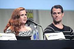 Adams and co-star Henry Cavill promoting Batman v Superman: Dawn of Justice at the 2015 San Diego Comic-Con in San Diego