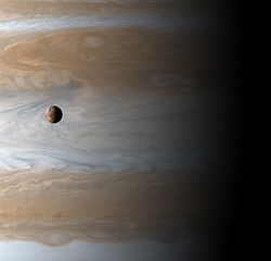 Cassini photographed Io transiting Jupiter on January 1, 2001.