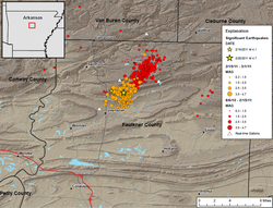 Guy-Greenbrier earthquake swarm: map of epicentres for the period 2010-08-06 to 2011-03-01.[30]