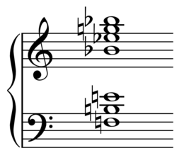 A Viennese trichord as a part of 6-Z17, an altered dominant tritone substitution (Db7alt) in the key of C, from Evans's opening to "What Is This Thing Called Love?"[65] Playⓘ.
