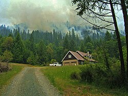 A low-intensity prescribed underburn in the wildland-urban interface, western Oregon. This is a good example of the occluded wildland-urban interface.