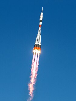 A Russian Soyuz-2.1a rocket sending astronauts to the ISS.