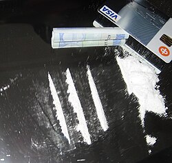 Lines of cocaine prepared for snorting. Contaminated currency such as banknotes might serve as a fomite of diseases like hepatitis C[84]