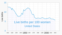 The baby boom birth years from the mid 1940s through the mid 1960s extended an early-1940s increase in live births following lows in the Great Depression.[28]