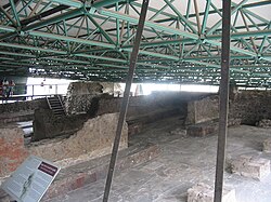 Inside the protected area of the Eagle Building of the Templo Mayor complex in Mexico City. Remnants of the original paint can still be seen.